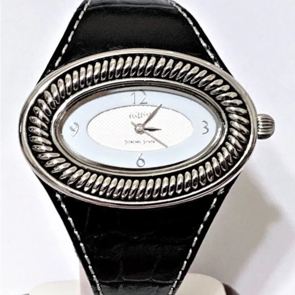Black Leather Strap Women's Oval Silver-Tone Watch